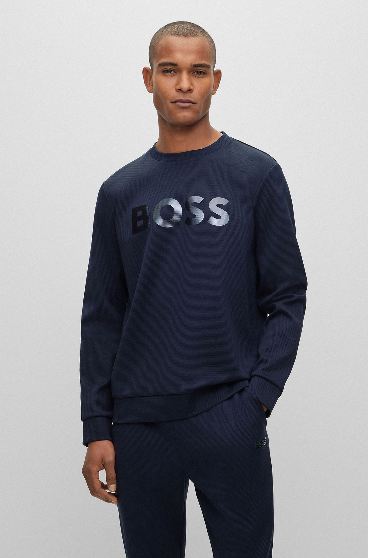 Cotton-piqué sweatshirt with mirror-effect logo, Dark Blue