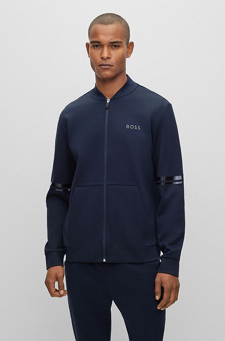 Cotton-piqué zip-up sweatshirt with mirror-effect artwork, Dark Blue