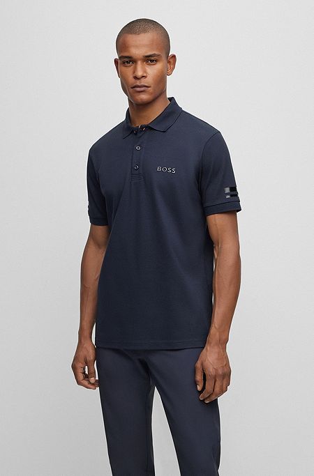 Stretch-cotton polo shirt with foil-print logo, Dark Blue