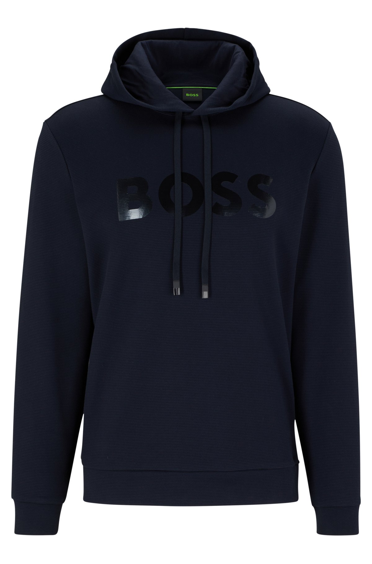 Cotton-piqué hoodie with mirror-effect logo, Dark Blue