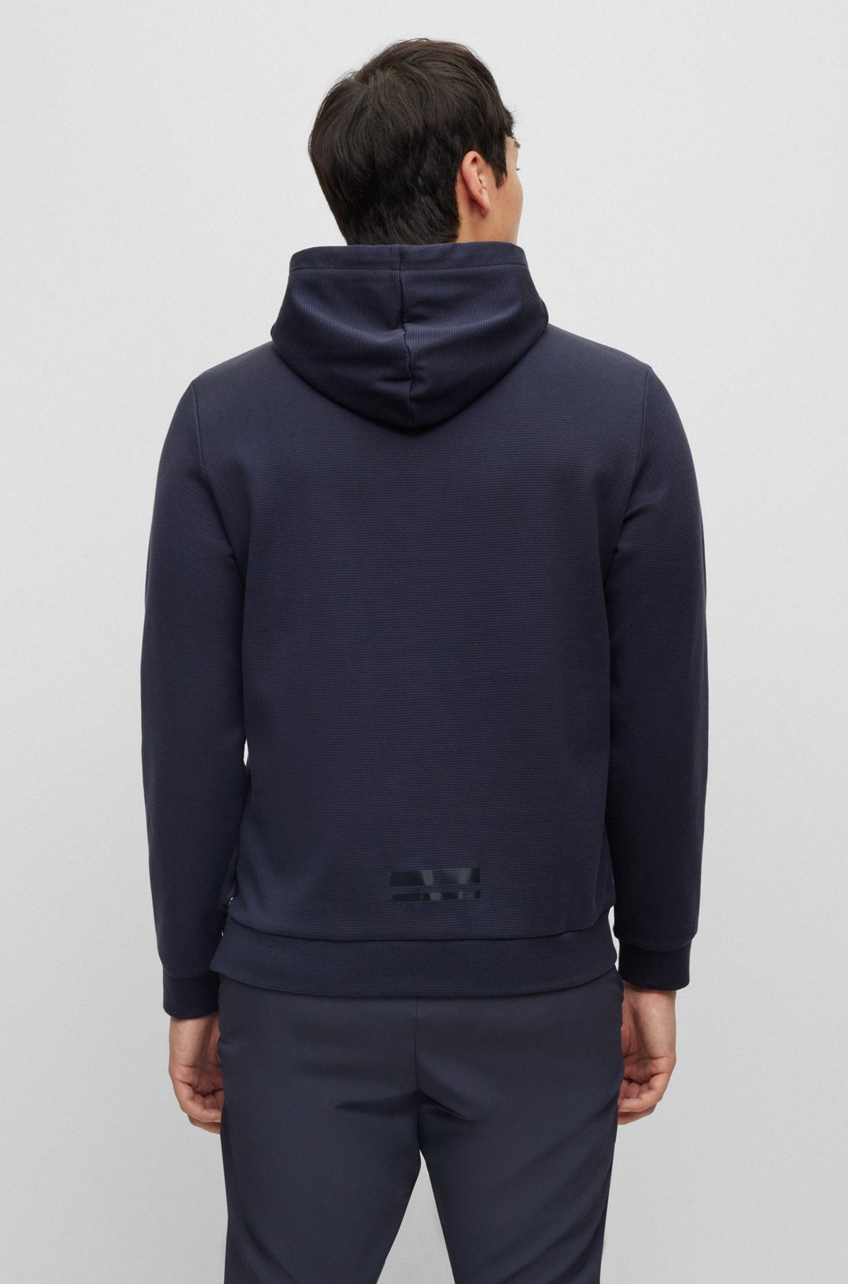 Cotton-piqué hoodie with mirror-effect logo, Dark Blue