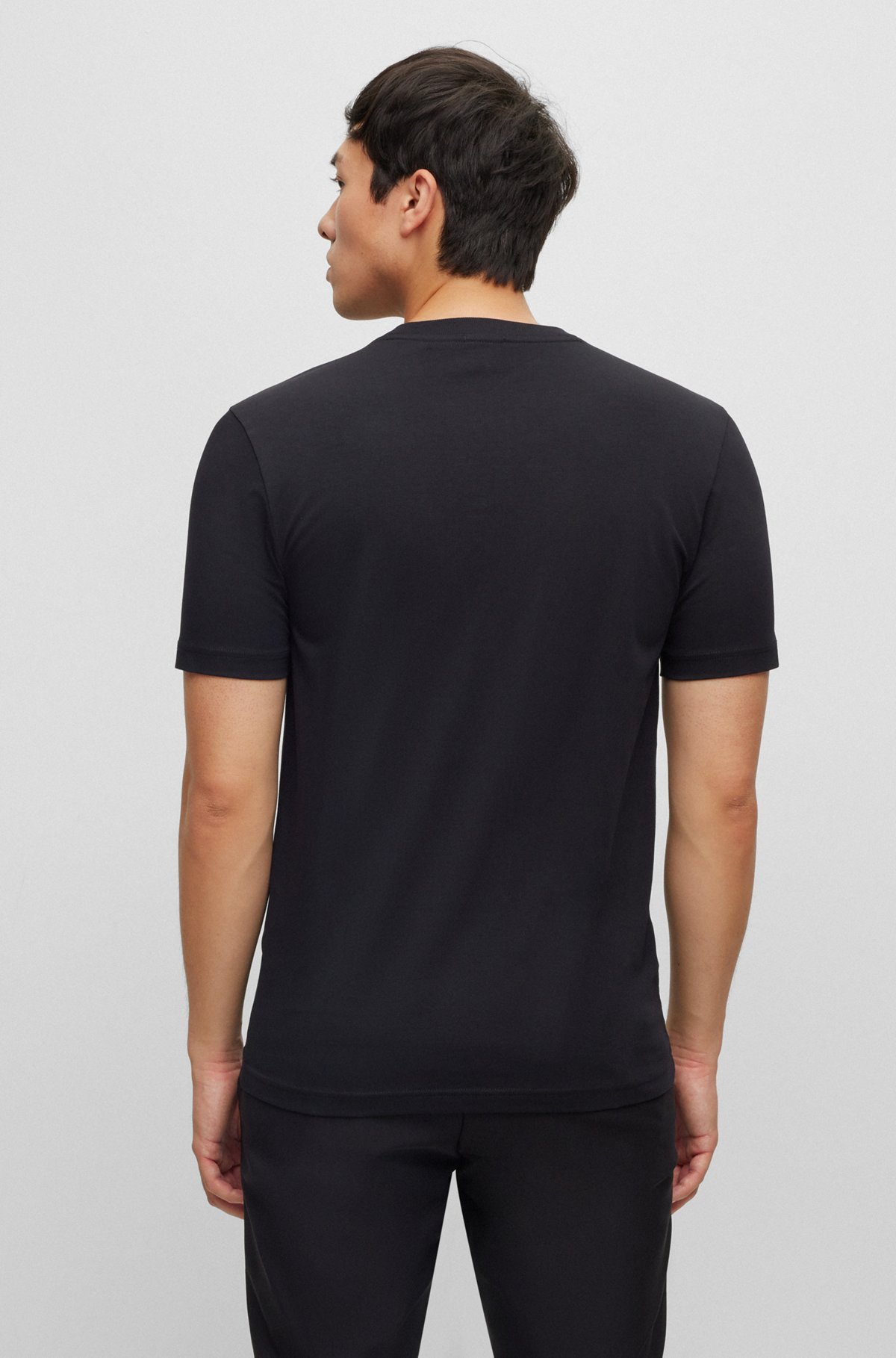 T-Shirt aus Stretch-Baumwolle mit Rundhalsausschnitt und Logo-Artwork, Schwarz