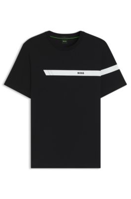 스트라이프 및 로고 스트레치 코튼 티셔츠, 블랙