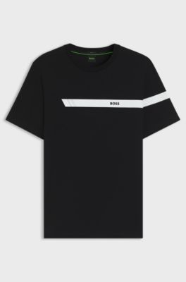 Stretch-cotton T-shirt with stripe and logo, Black