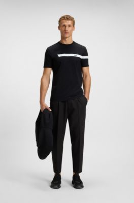 Stretch-cotton T-shirt with stripe and logo, Black