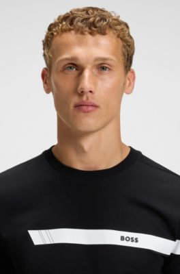 Stretch-cotton T-shirt with stripe and logo, Black