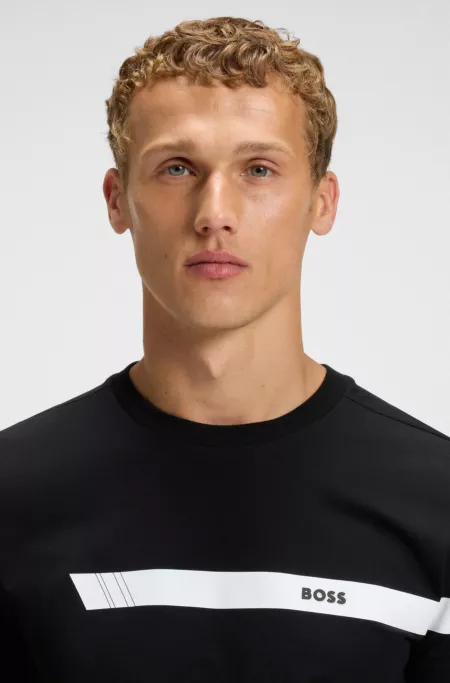 Stretch-cotton T-shirt with stripe and logo