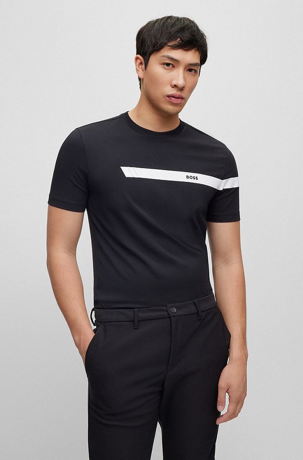 Stretch-cotton T-shirt with stripe and logo, Black