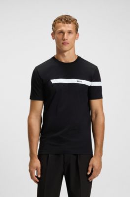 Stretch-cotton T-shirt with stripe and logo, Black