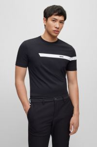 T-shirt en coton stretch à logo et rayures, Noir
