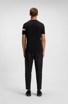 Stretch-cotton T-shirt with stripe and logo, Black