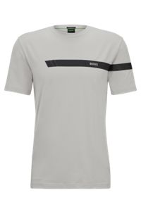 Pyjamas-T-shirt med striber og logo i bomuld med stræk, Lysegrå