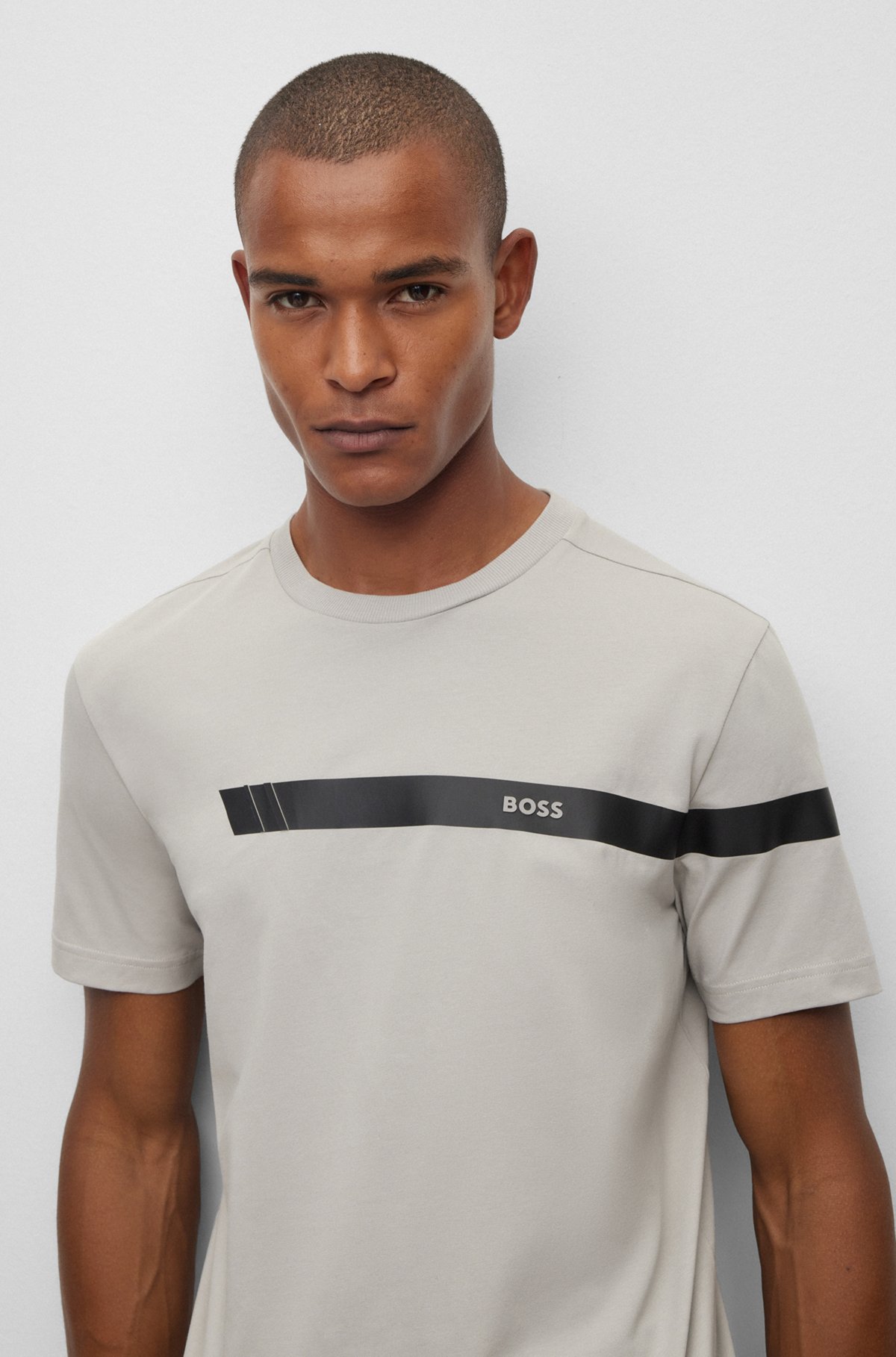 Stretch-cotton T-shirt with stripe and logo, Light Grey