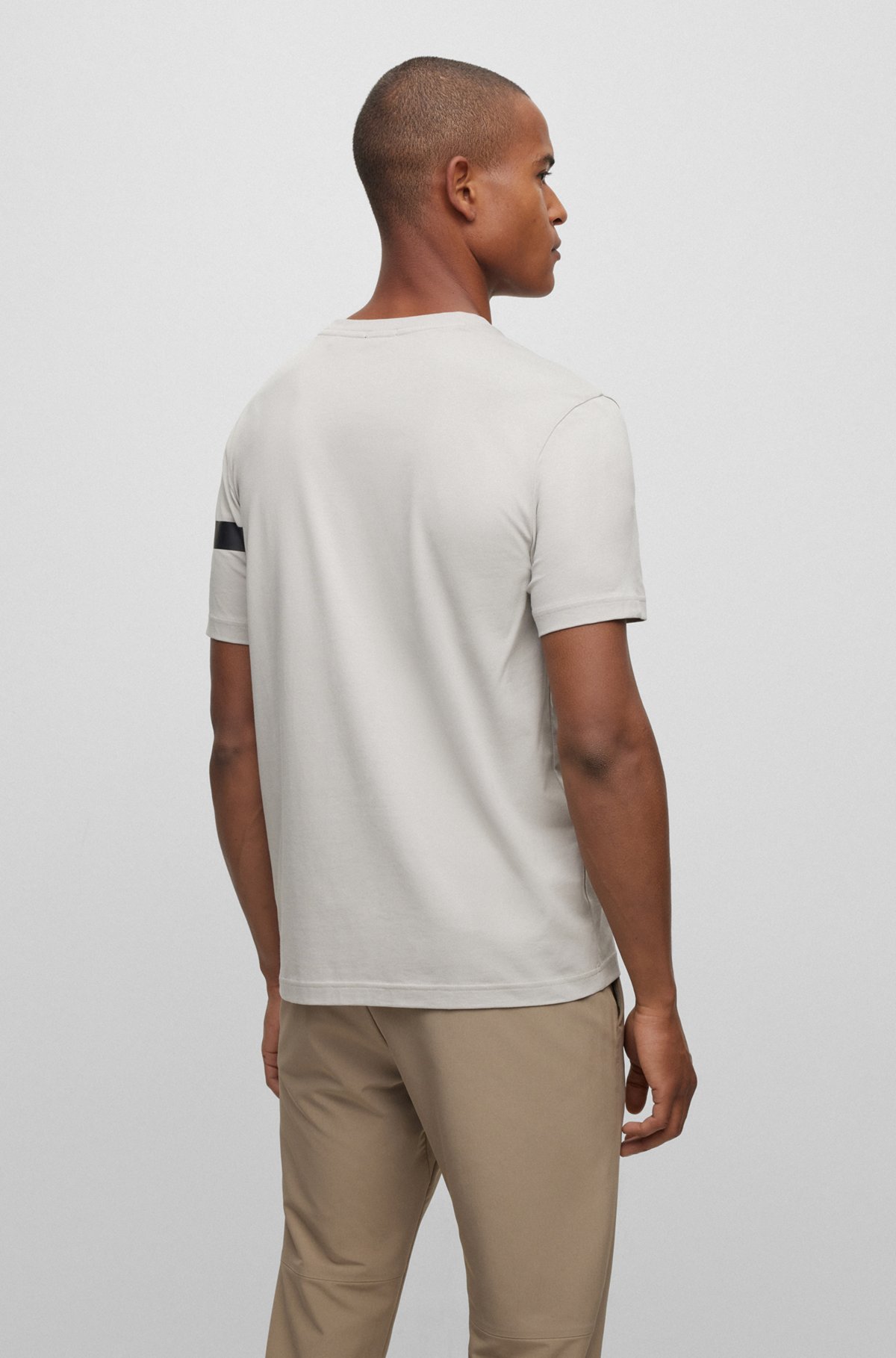 Stretch-cotton T-shirt with stripe and logo, Light Grey