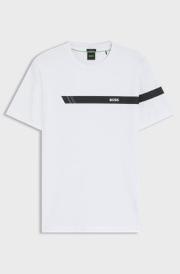 Stretch-cotton T-shirt with stripe and logo, White