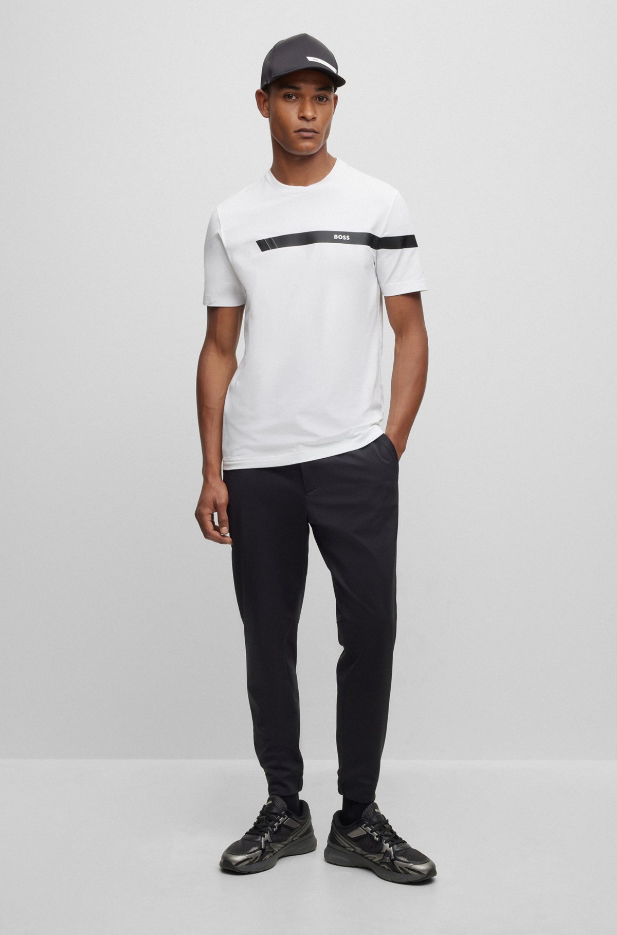 Stretch-cotton T-shirt with stripe and logo, White
