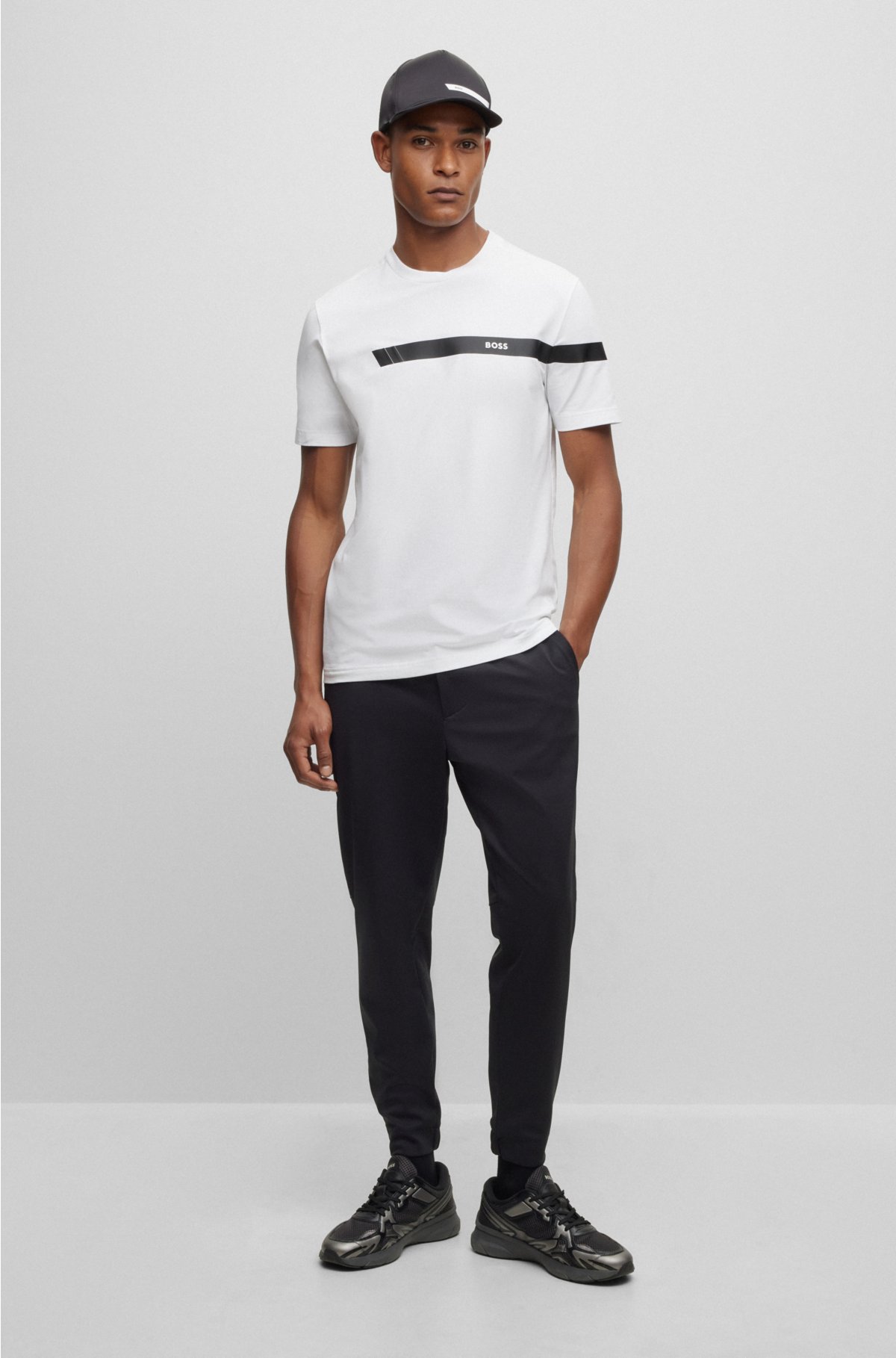Stretch-cotton T-shirt with stripe and logo, White