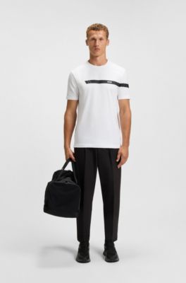 Stretch-cotton T-shirt with stripe and logo, White