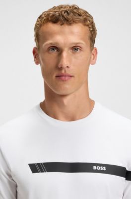 Stretch-cotton T-shirt with stripe and logo, White