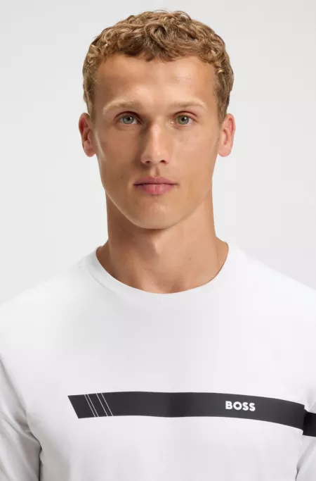Stretch-cotton T-shirt with stripe and logo