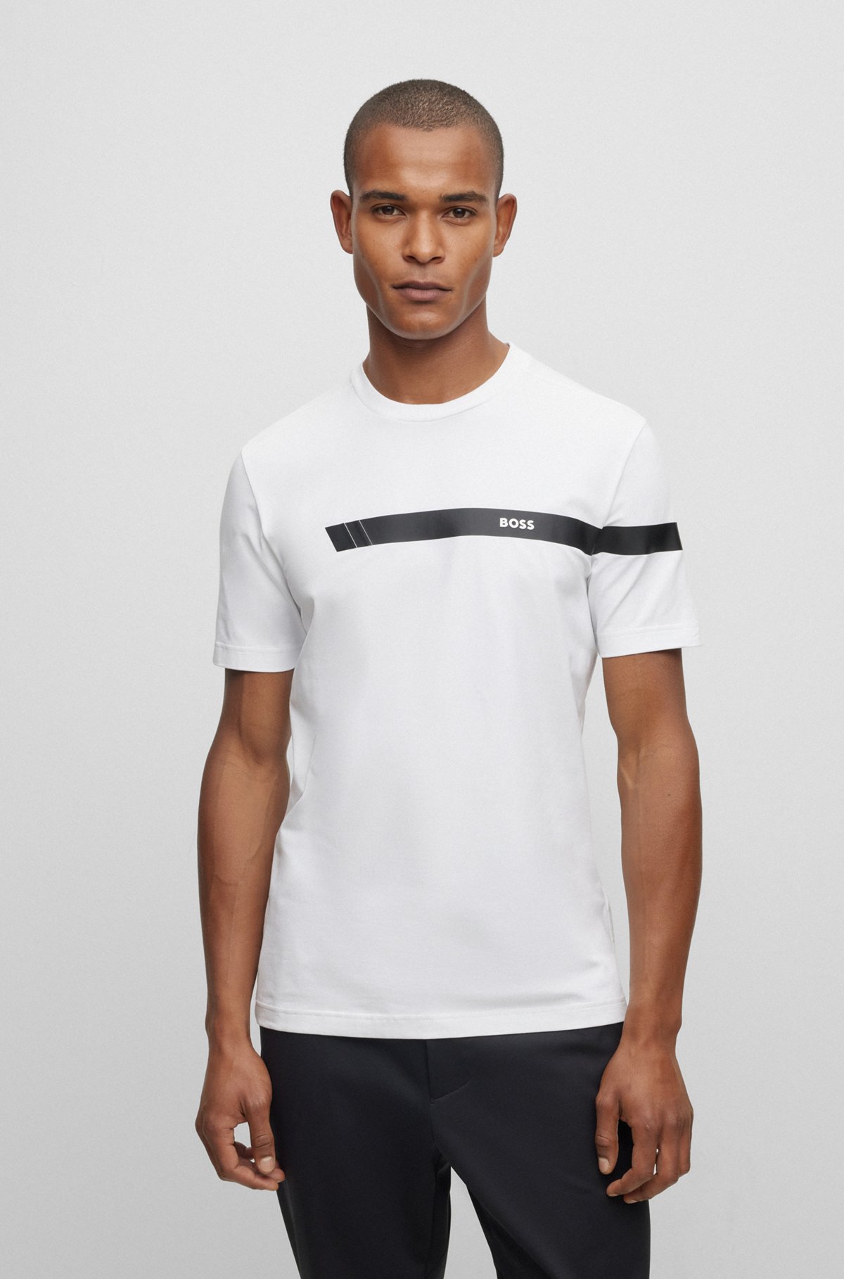 Pyjamas-T-shirt med striber og logo i bomuld med stræk, Hvid