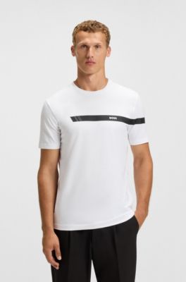 Stretch-cotton T-shirt with stripe and logo, White