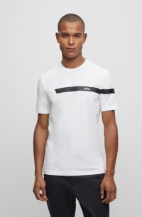 Stretch-cotton T-shirt with stripe and logo, White