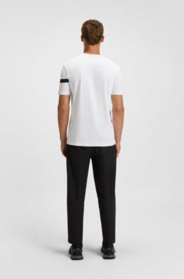 Stretch-cotton T-shirt with stripe and logo, White