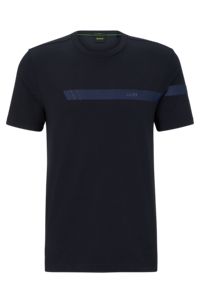 Pyjamas-T-shirt med striber og logo i bomuld med stræk, Mørkeblå