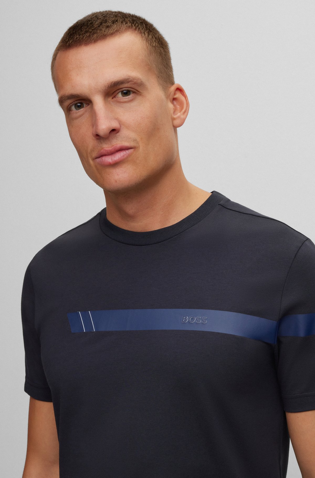 Stretch-cotton T-shirt with stripe and logo, Dark Blue