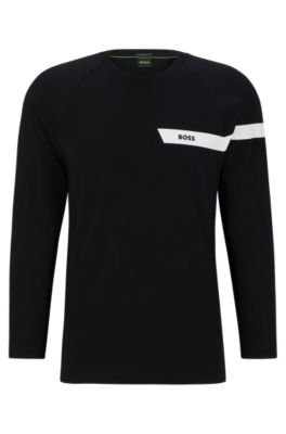 BOSS Long sleeved stretch cotton T shirt with stripe and logo