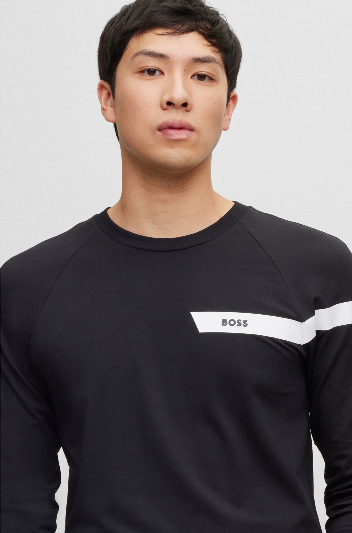 BOSS - Long-sleeved stretch-cotton T-shirt with stripe and logo