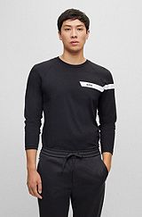 Long-sleeved stretch-cotton T-shirt with stripe and logo, Black