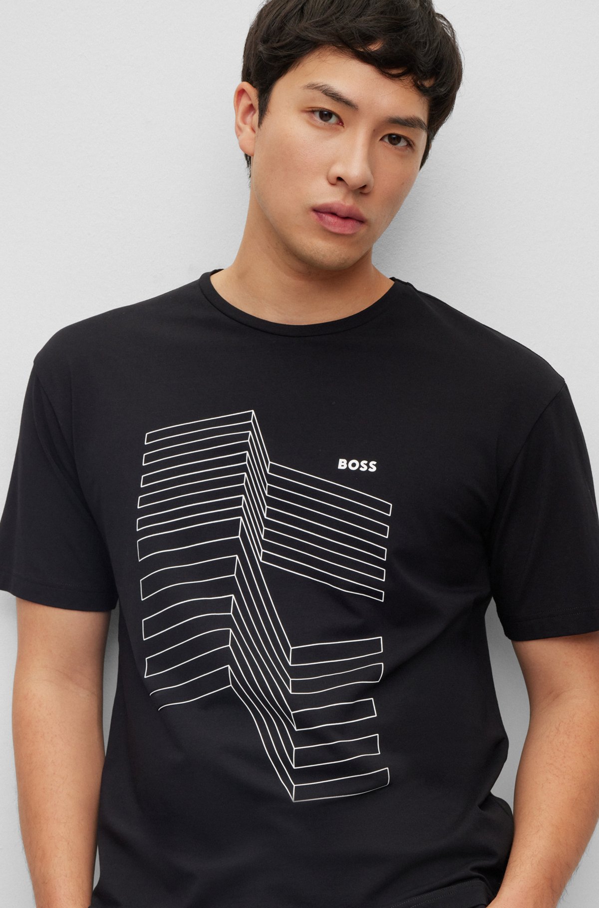 Relaxed-Fit T-Shirt aus Stretch-Baumwolle mit Logo-Artwork, Schwarz