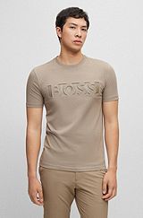 Stretch-cotton T-shirt with embossed-logo artwork, Light Green