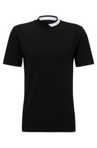 T-Shirt aus Stretch-Baumwolle mit Logo-Streifen aus Jacquard am Kragen, Schwarz