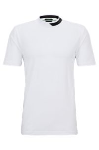 T-Shirt aus Stretch-Baumwolle mit Logo-Streifen aus Jacquard am Kragen, Weiß