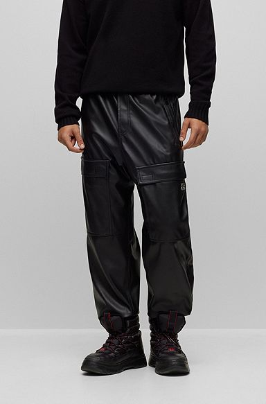 Cuffed regular-fit cargo trousers in faux leather, Black