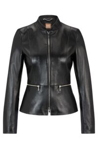 Collarless jacket in lamb leather, Black