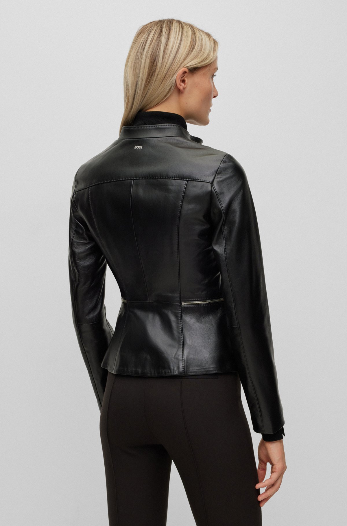 Collarless jacket in lamb leather, Black