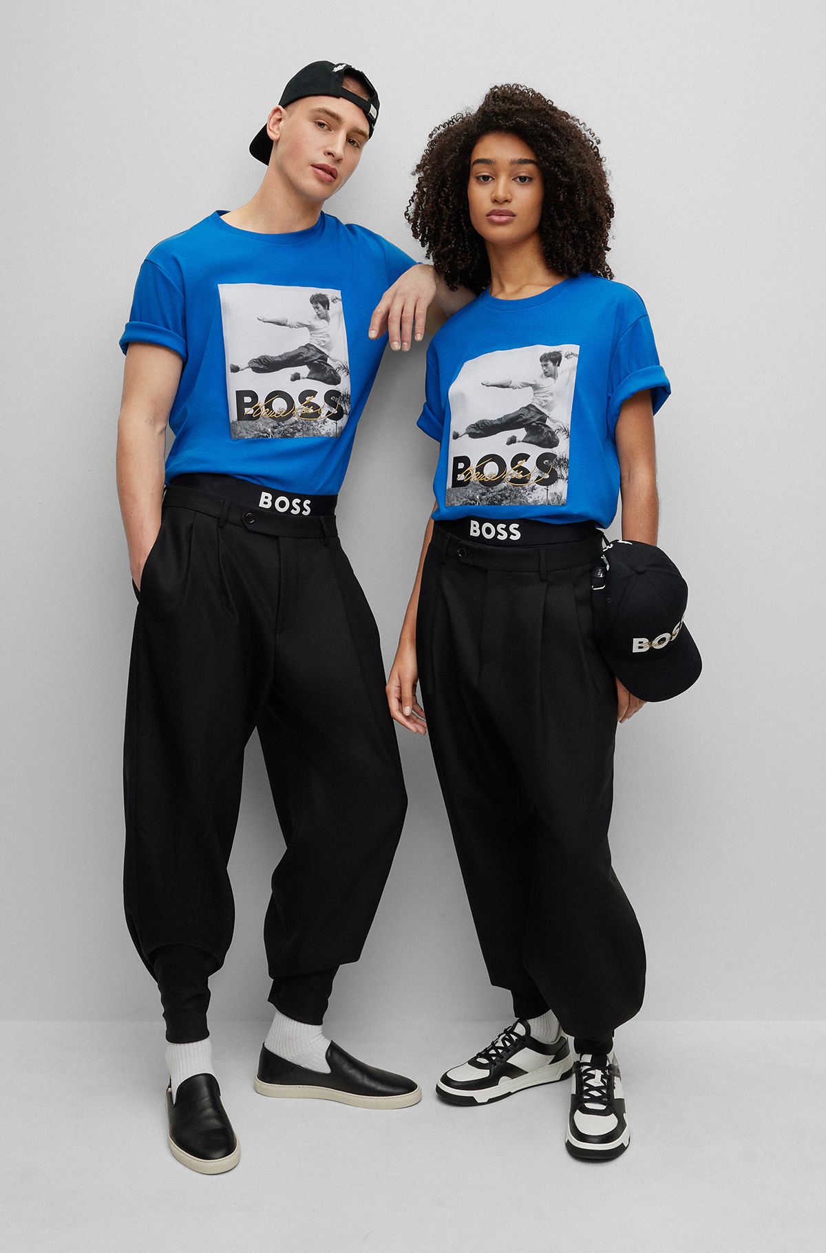 BOSS x Bruce Lee gender-neutral T-shirt with photo artwork, Blue