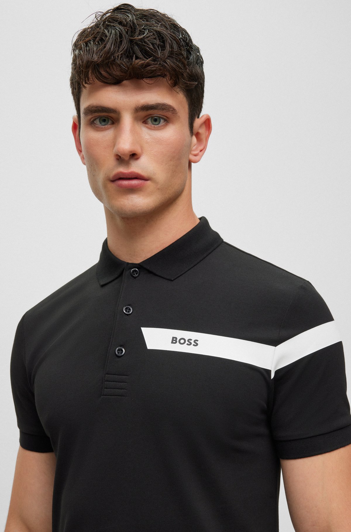 Slim-fit polo shirt with stripe and logo, Black
