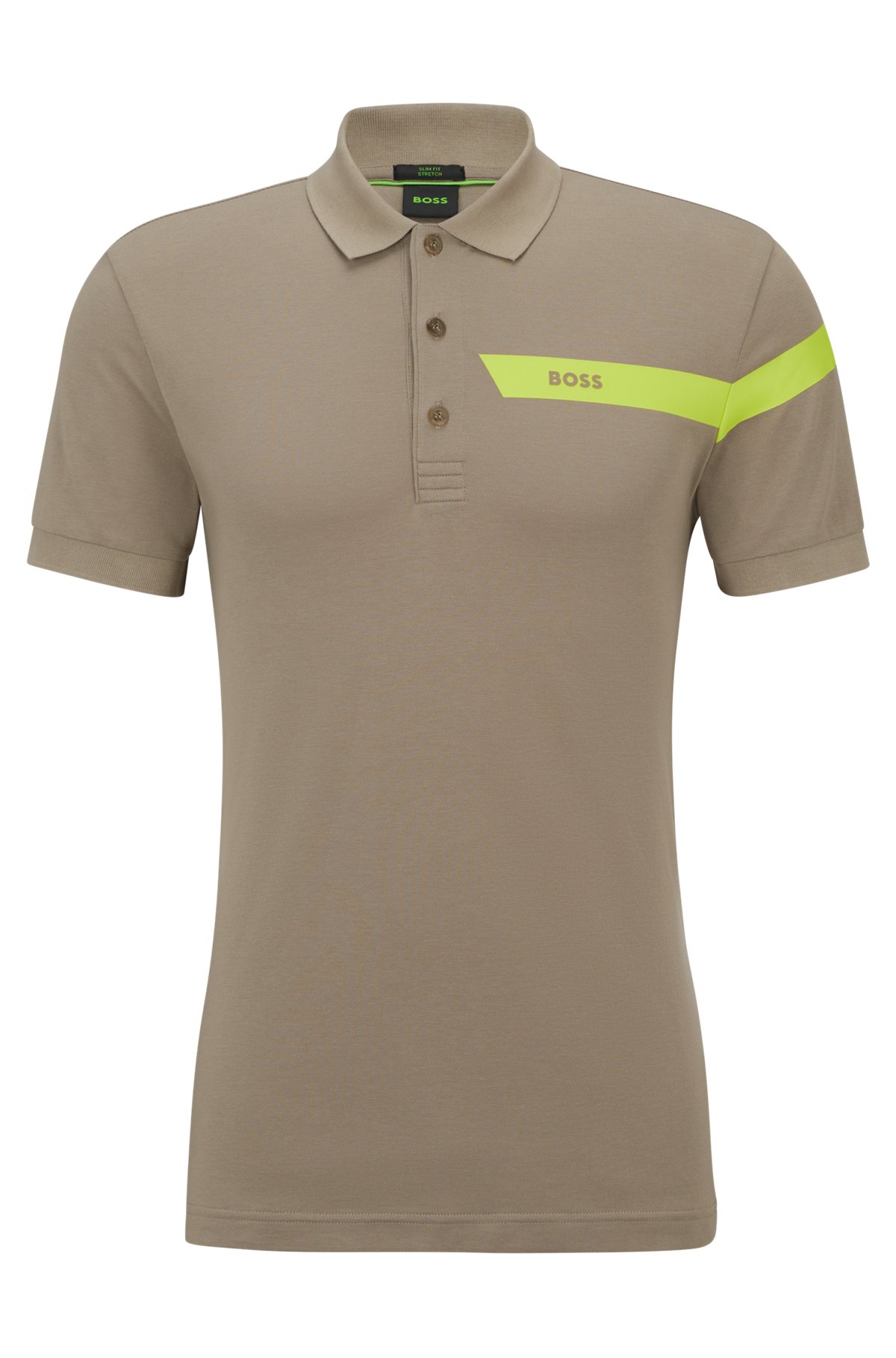Slim-fit polo shirt with stripe and logo, Khaki