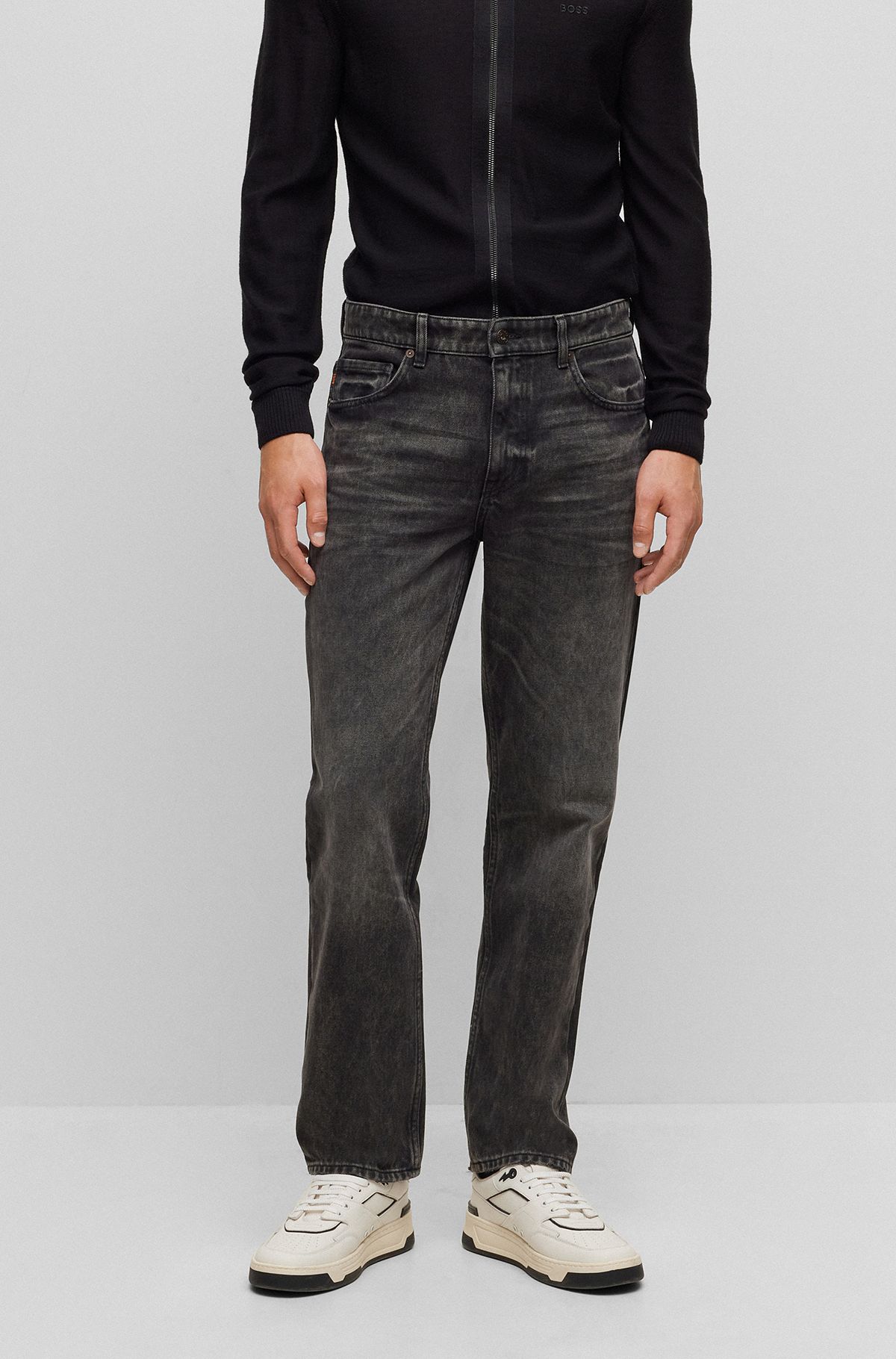 Relaxed-fit jeans in black rigid denim, Dark Grey