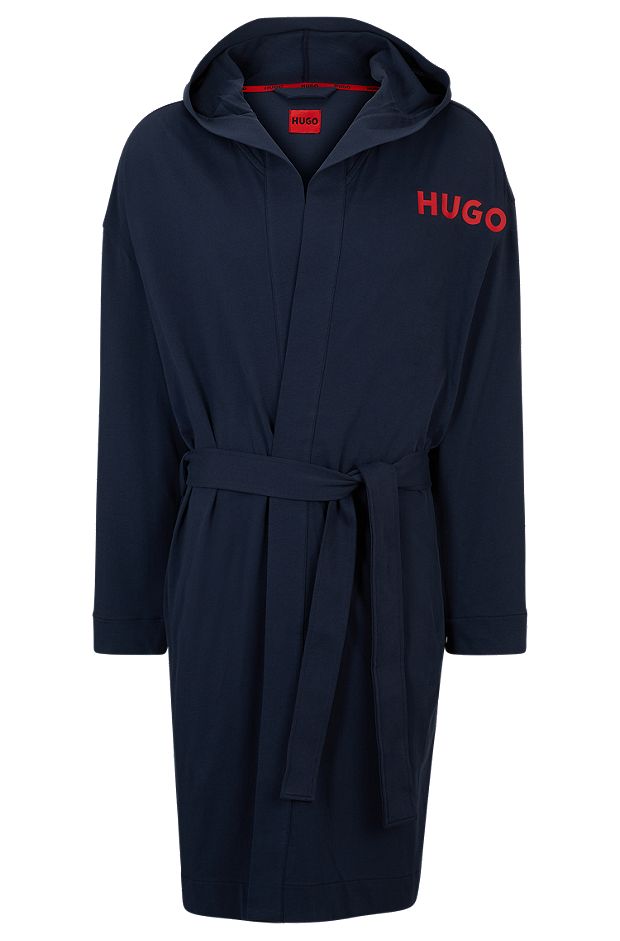 Dressing gown in cotton jersey with logo print, Dark Blue
