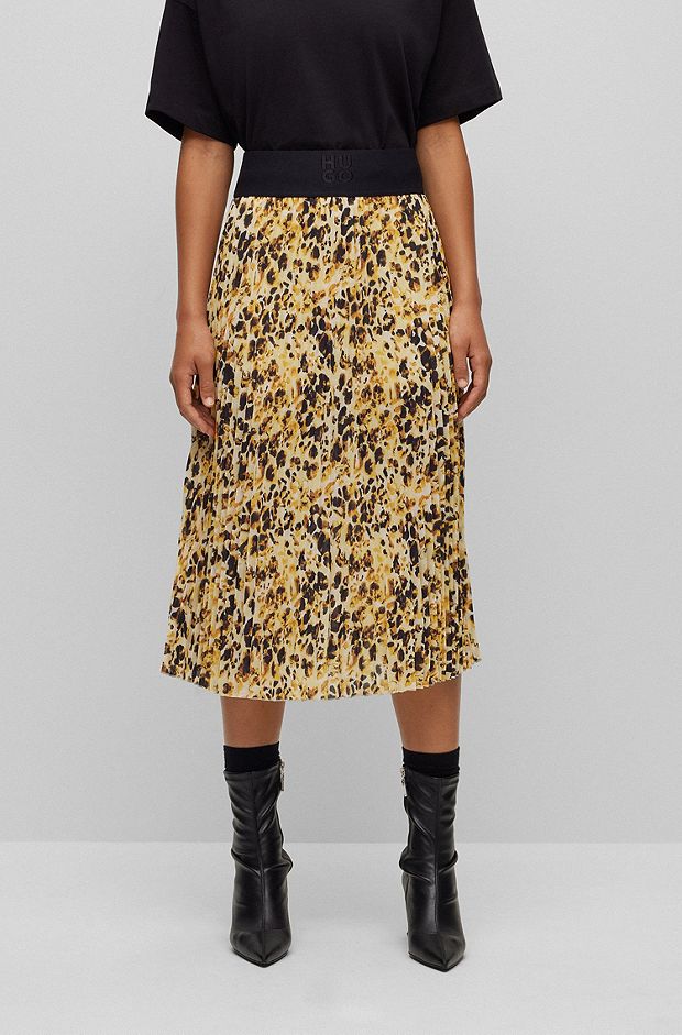 Logo-waistband plissé skirt with watercolour print, Dark Yellow