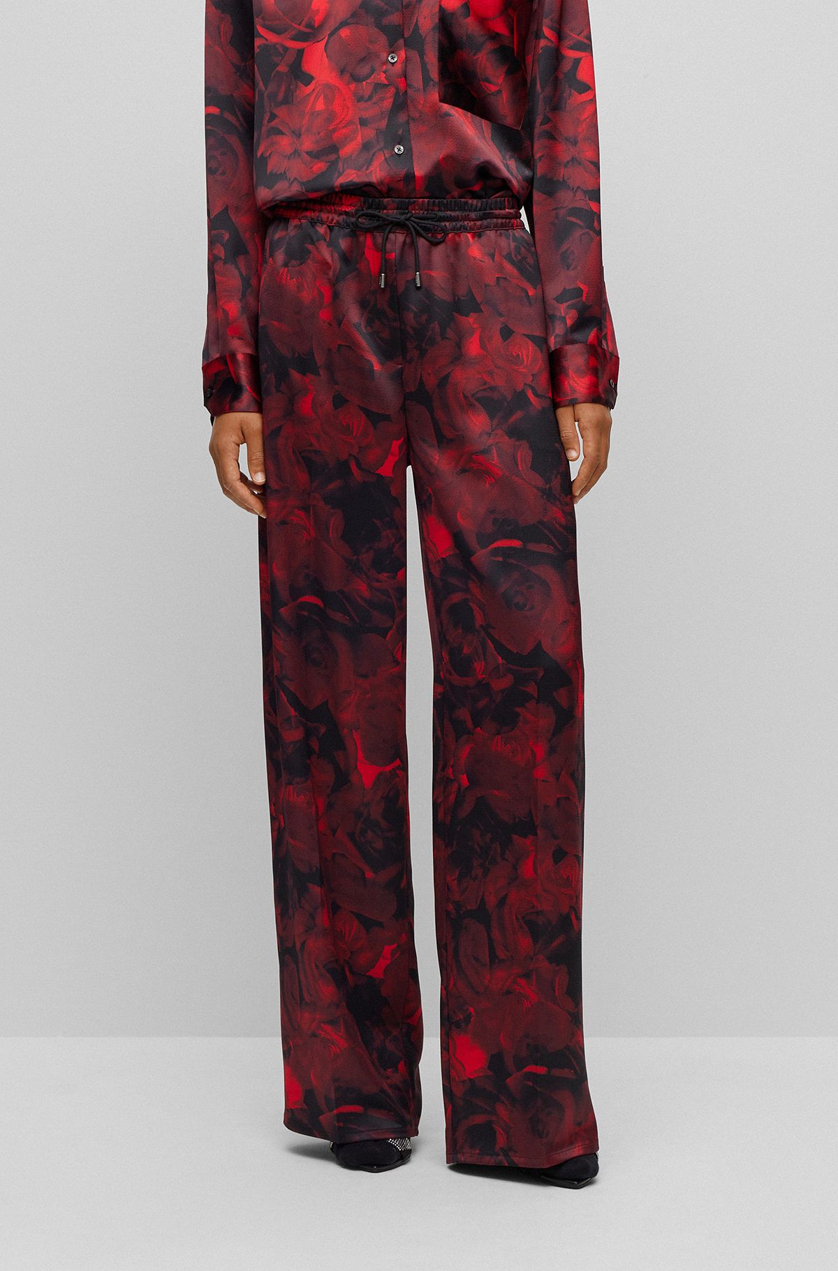 Wide-leg relaxed-fit trousers with rose print, Patterned