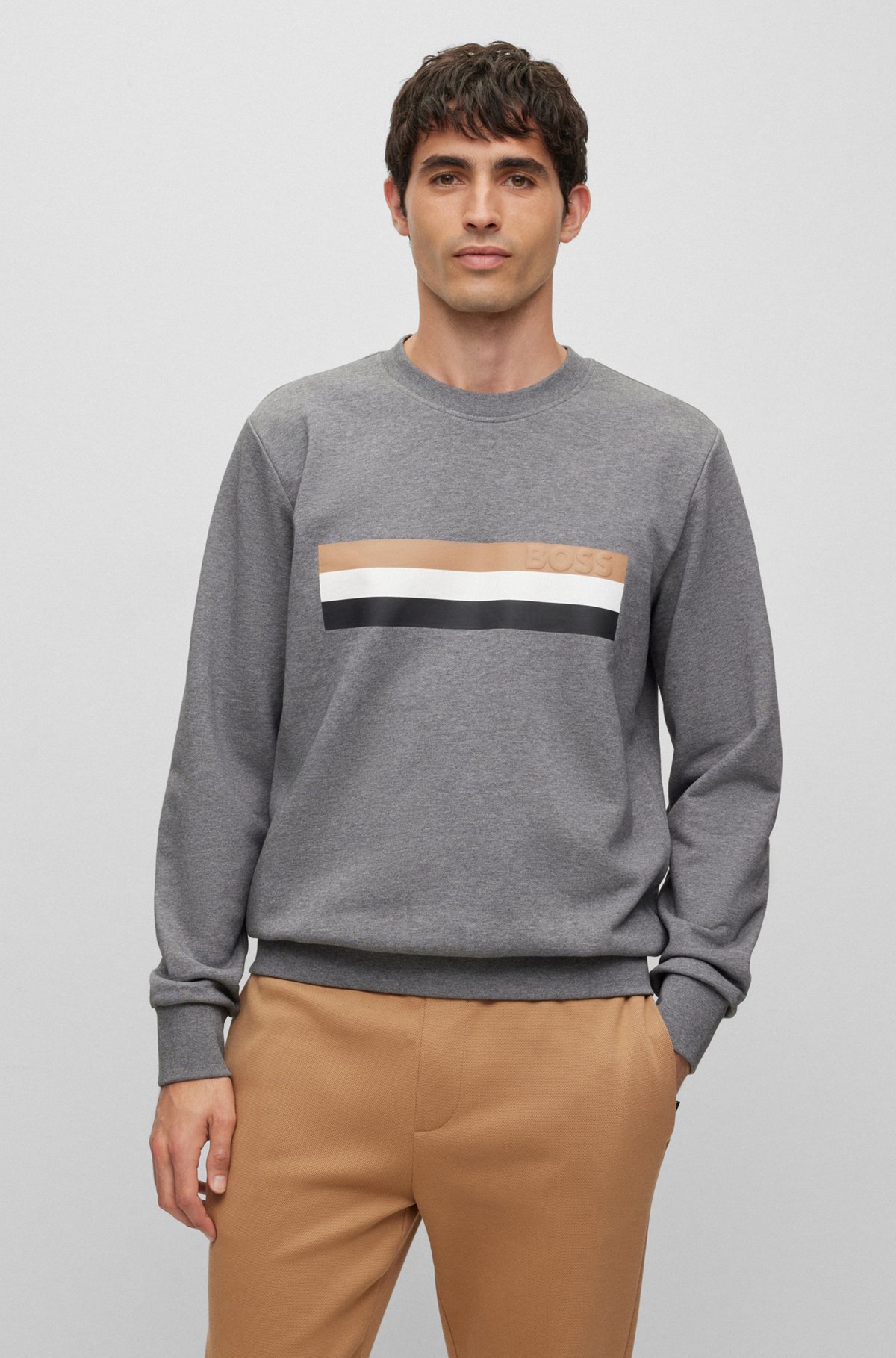 Organic-cotton relaxed-fit sweatshirt with signature stripe, Grey