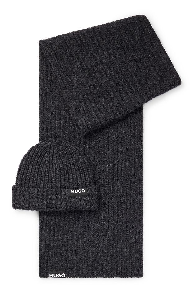 Logo-trimmed ribbed beanie hat and scarf gift set, Dark Grey
