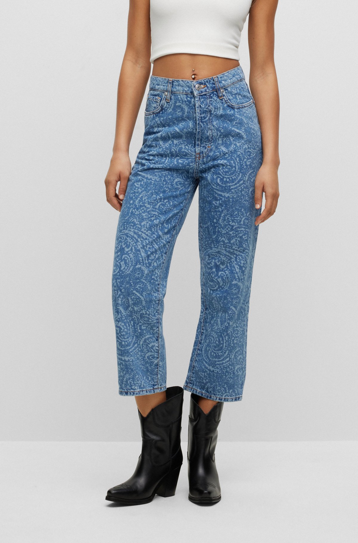 Modern-fit jeans in paisley-pattern rigid denim, Blue Patterned